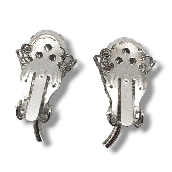 Silver Tone Filigree Oval Faceted Prong Set Rhinestone Clip On Earrings Floral - Picture 5 of 8